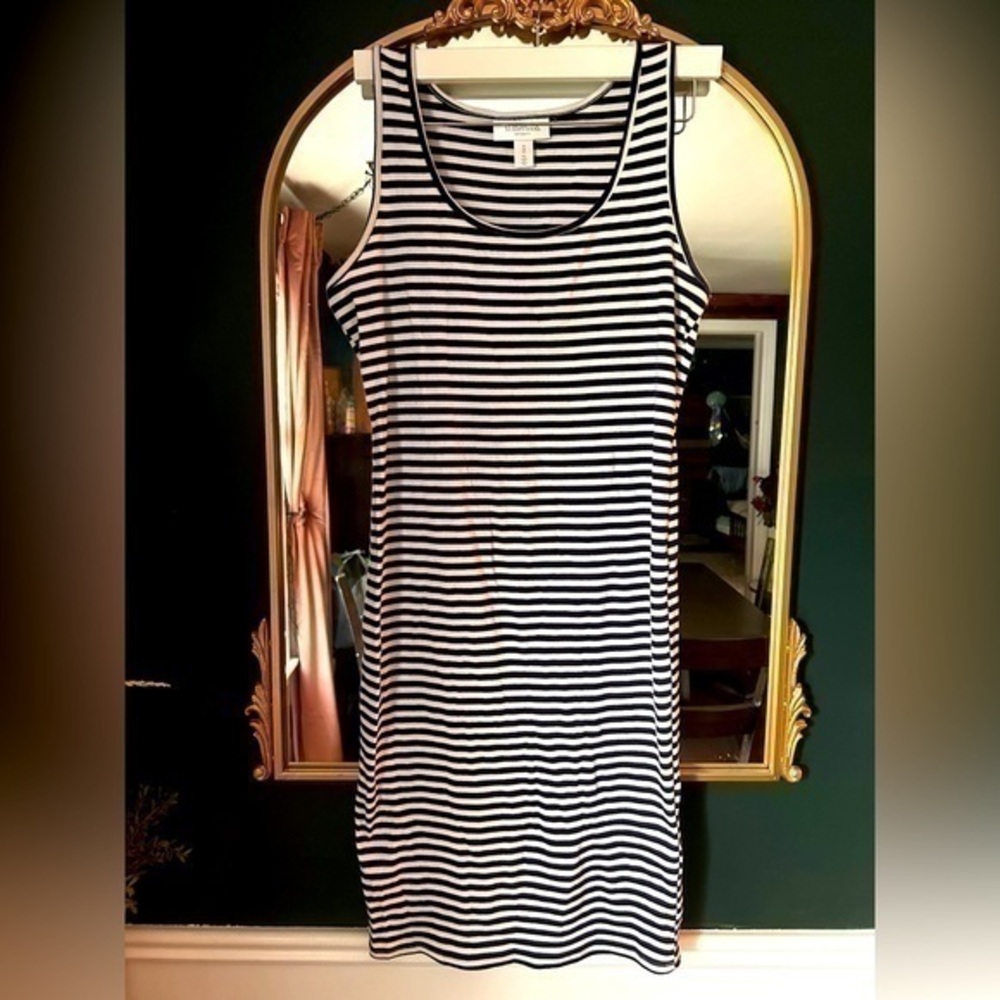 Motherhood Maternity, navy blue and white striped midi dress, Size M